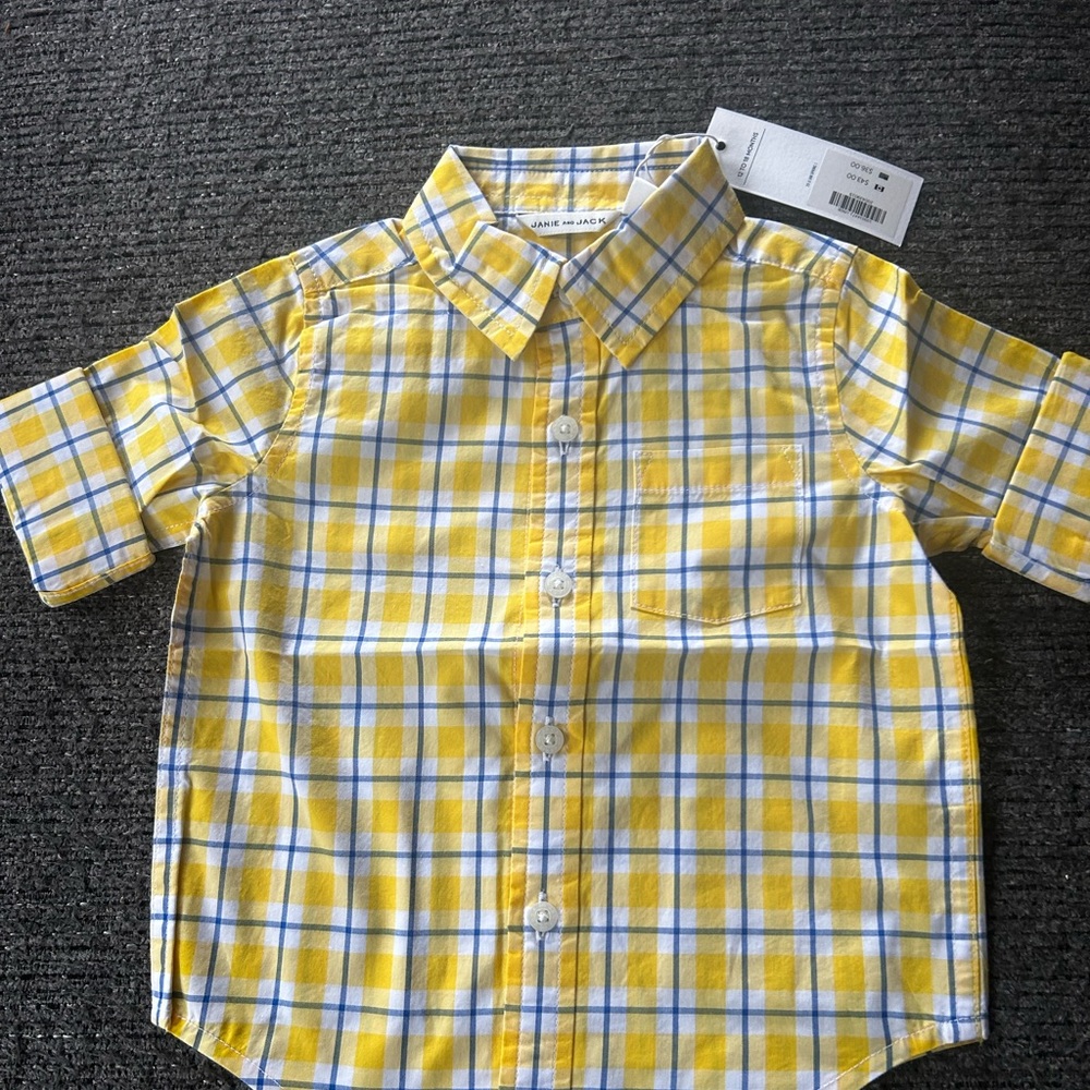 NWT Janie and Jack yellow with blue plaid short sleeve button down shirt